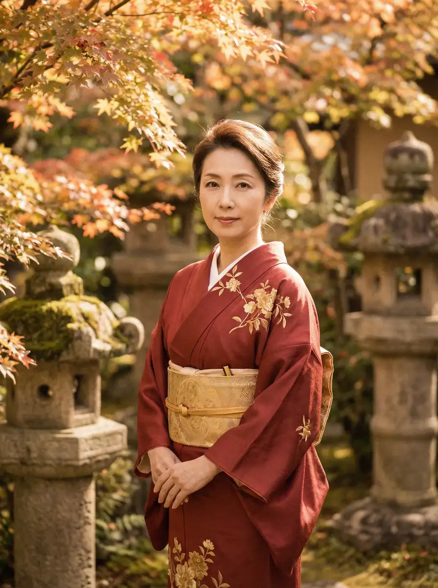 一位身穿暗红色和服的优雅 日韩精品 - 热门合集与专区内容汇总 在日式庭院中